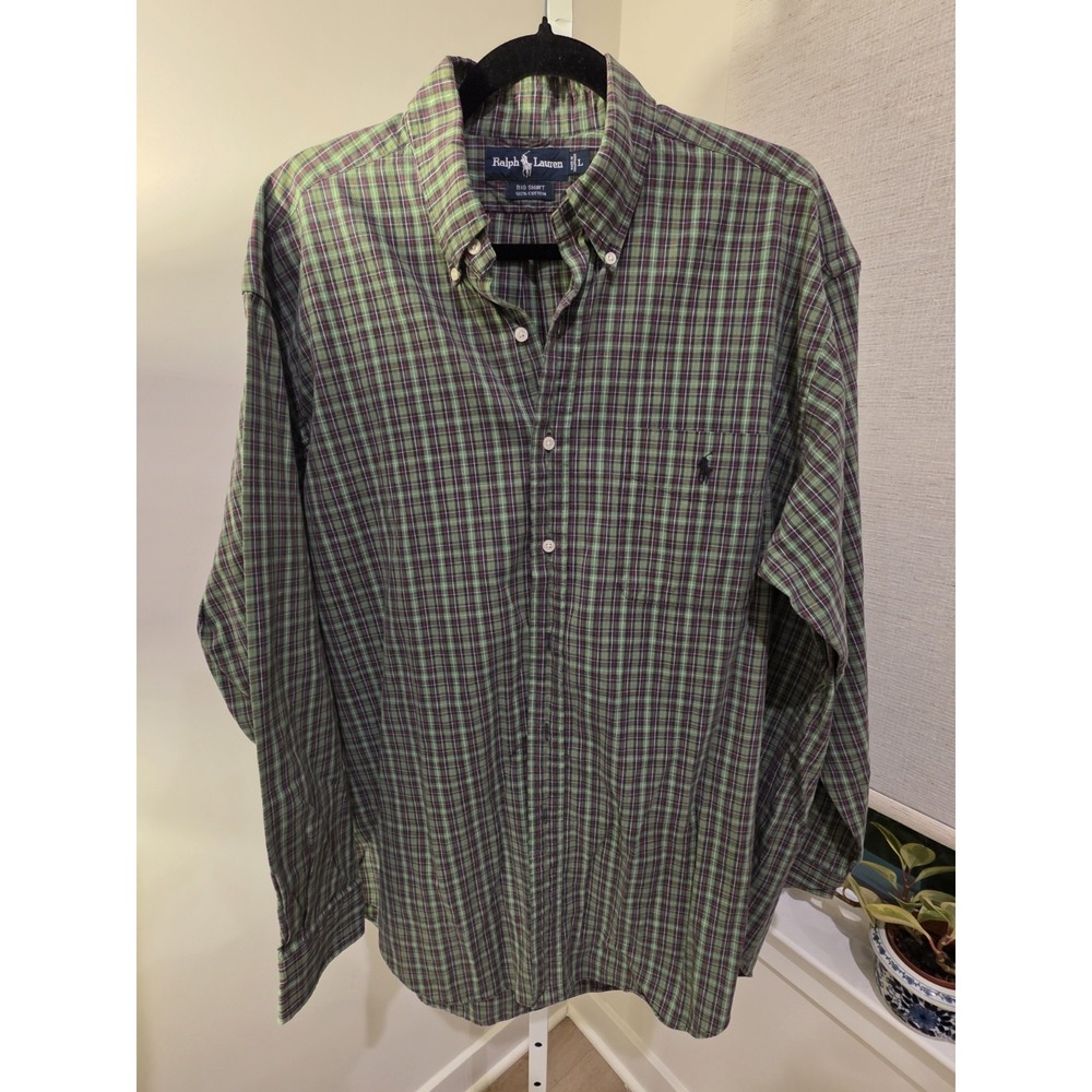 Ralph Lauren Big Shirt Men's Large Button Down Green Plaid With Pony